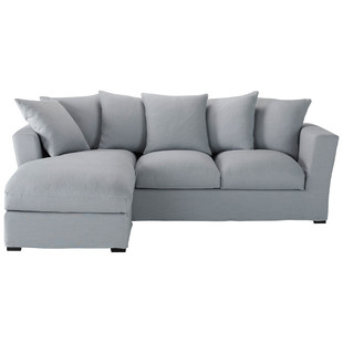 Corner sofa (left daybed) in blue grey linen, seats 5,