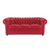 Canapé 3 places fixe rouge capitonné<br />Chesterfield