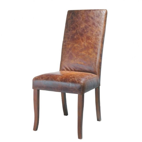 Chaise en cuir et bois marron Vintage