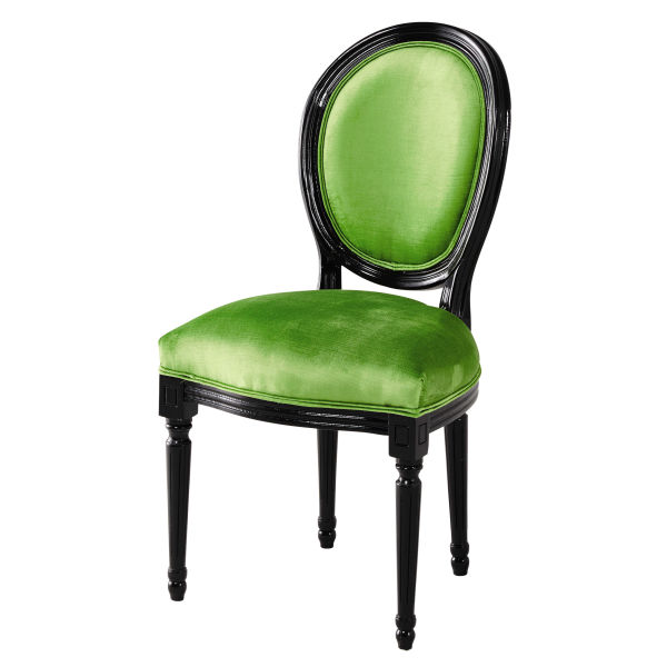 Chaise médaillon en velours vert et bois noir Louis