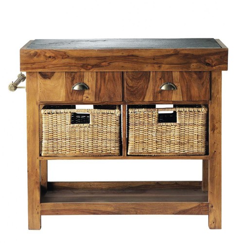 Isla de cocina de madera maciza de palo rosa y pizarra An. 95 cm
