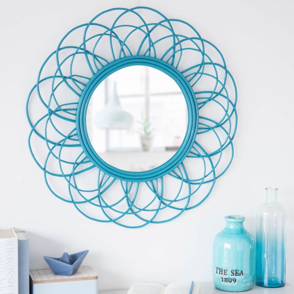 Miroir rond en rotin bleu D 70 cm VINTAGE