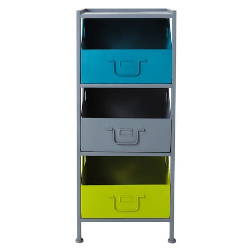 Schubladenmöbel aus Metall mit 3 Schubkästen, B 38 cm, grau/blau/grün