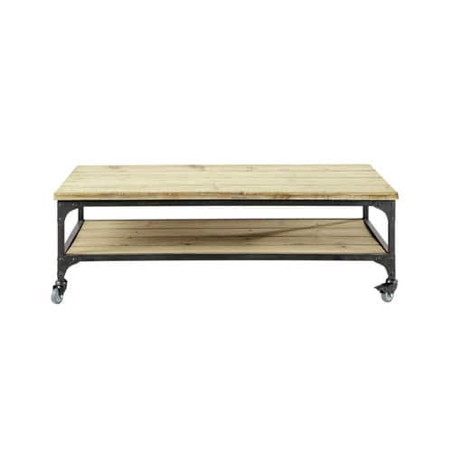 Wood and metal industrial coffee table on castors W 110cm Gallieni