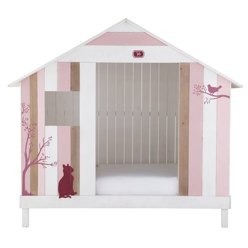 Cama-cabaña infantil 90 × 190 cm de madera rosa y blanca Violette