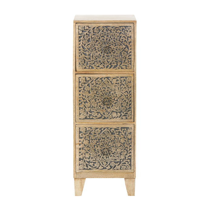 Carved Mango Wood Small 3 Drawer Storage Unit Narmada Maisons Du