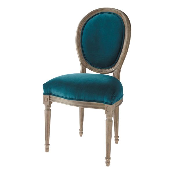 Chaise médaillon en velours et chêne massif bleu canard Louis
