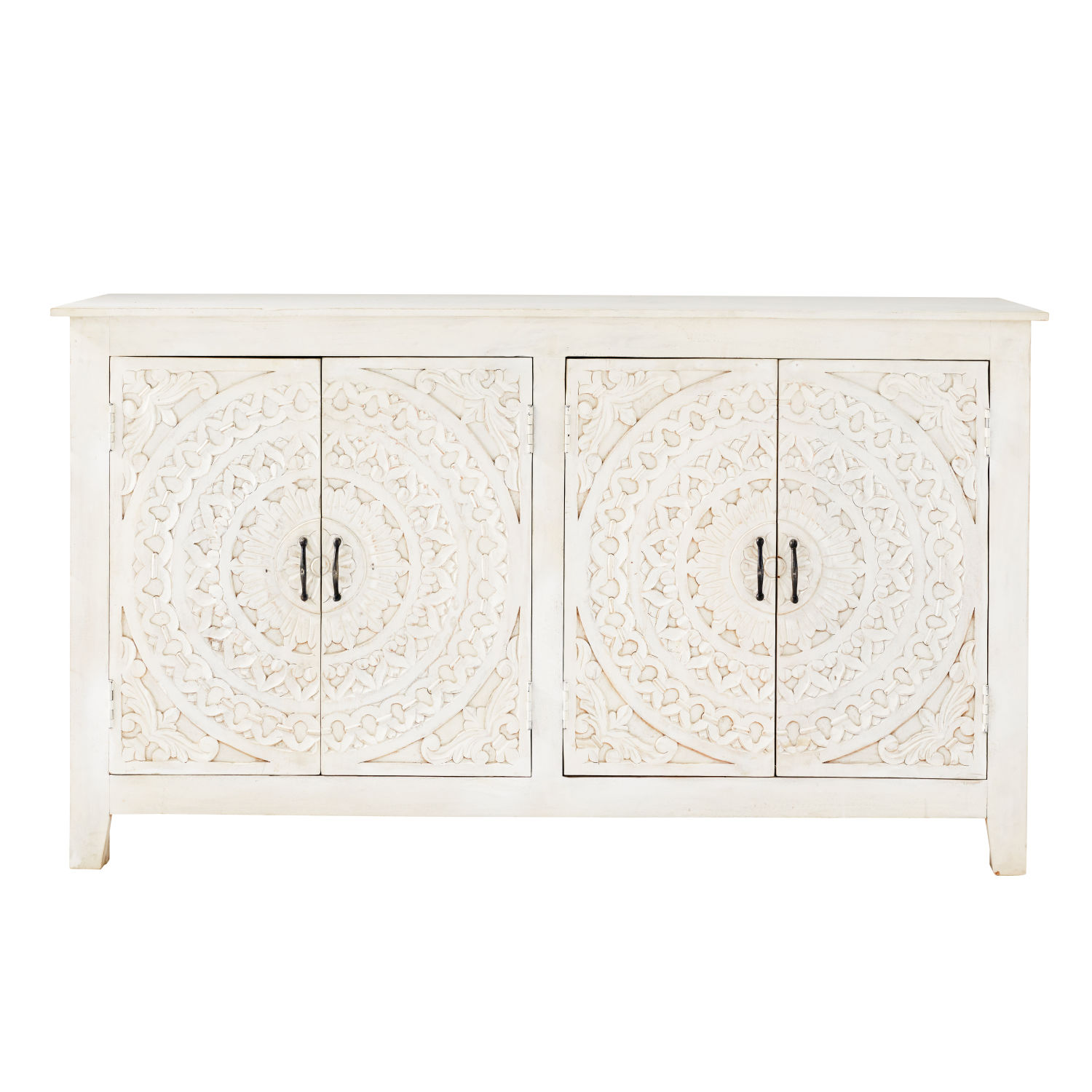 Credenza bianca a 4 ante in legno massello di mango scolpito Maisons