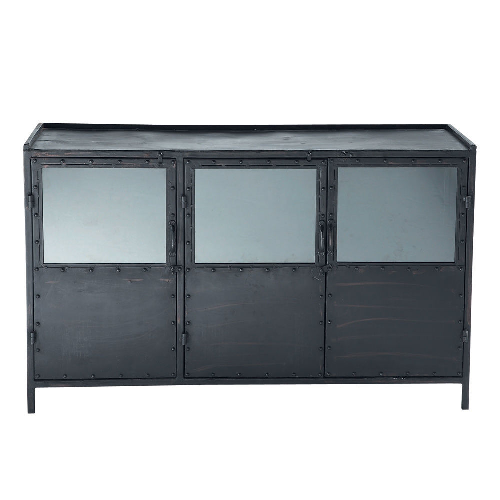 Credenza nera con vetrine stile industriale in metallo L 130 cm
