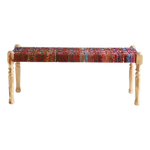 Indische Bank aus Akazienholz und indischen Saris, B 122 cm, bunt