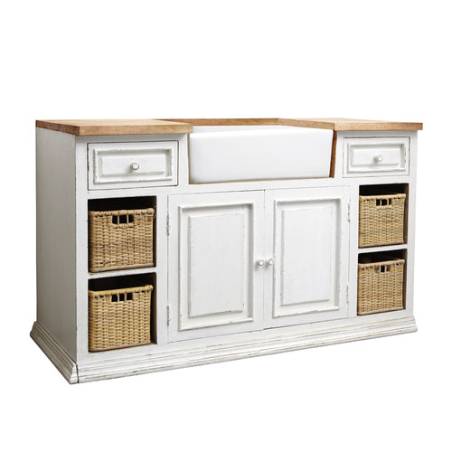 Küchenunterschrank aus Mangoholz mit Spüle, B 140 cm, weiß Eleonore