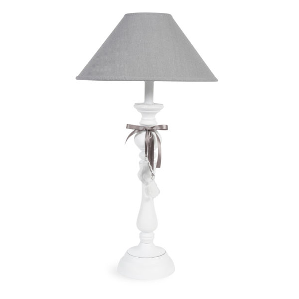 Lampe à pampilles en bois blanche et abat-jour en tissu gris H 56 cm VIOLINE
