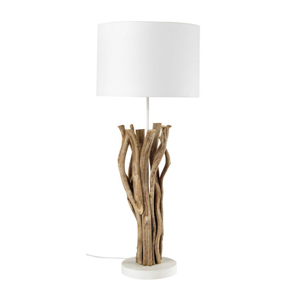 Lampe en bois et abat-jour en tissu blanc H 90 cm ISLANDE